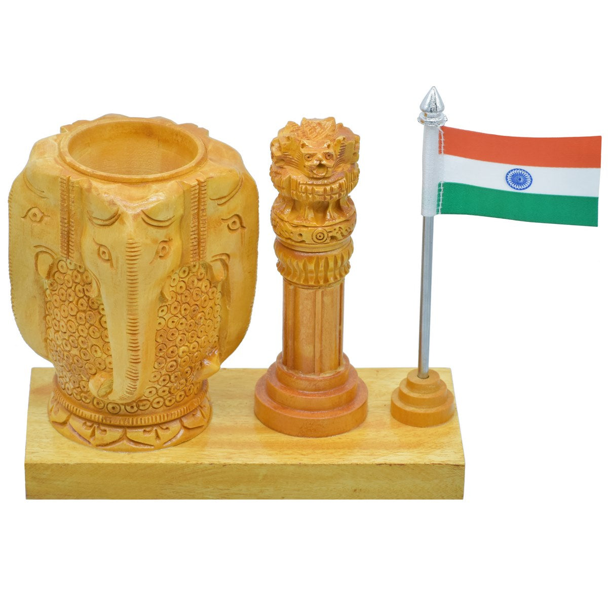 Gift To Love | Wooden Table  Pen Stand With Ashok Chakra Elephant | Code : WTTP03