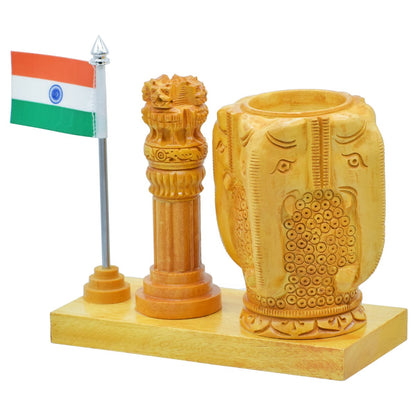 Gift To Love | Wooden Table  Pen Stand With Ashok Chakra Elephant | Code : WTTP03